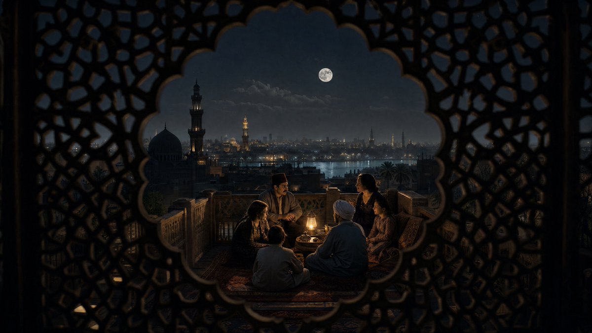 A family gathers by lantern light through carved mashrabiya screen