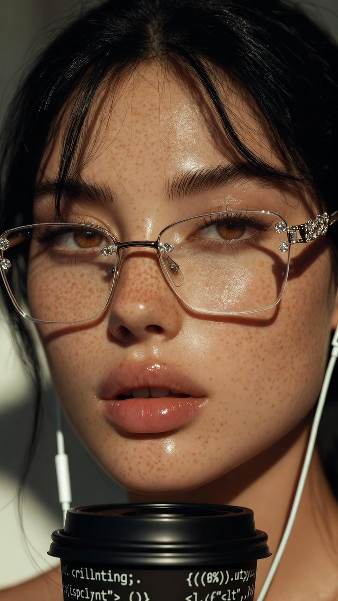 A woman with freckles and glasses holds coffee with code
