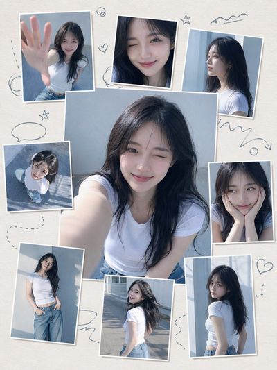 A playful Korean collage poster features a woman in blue jeans