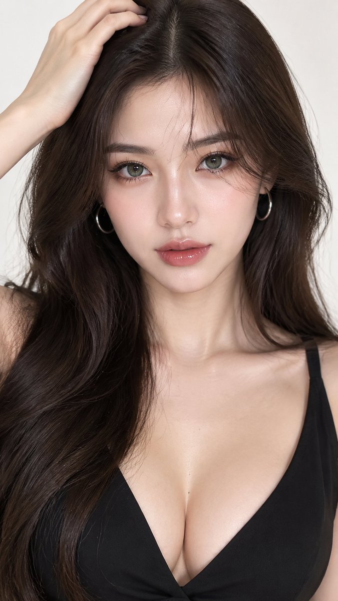 Elegant woman with hand in hair poses under soft studio lighting