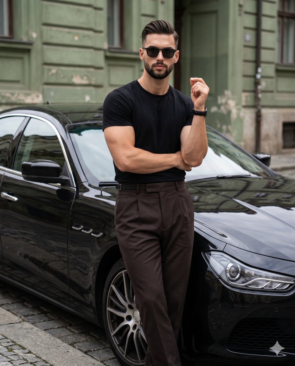 Man in black tee leans on Maserati under soft daylight