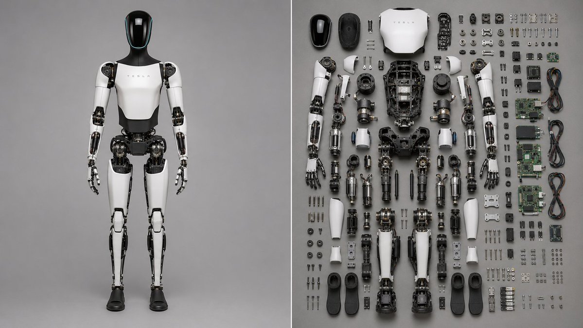 Deconstructed Tesla Optimus robot parts arranged in neat grid