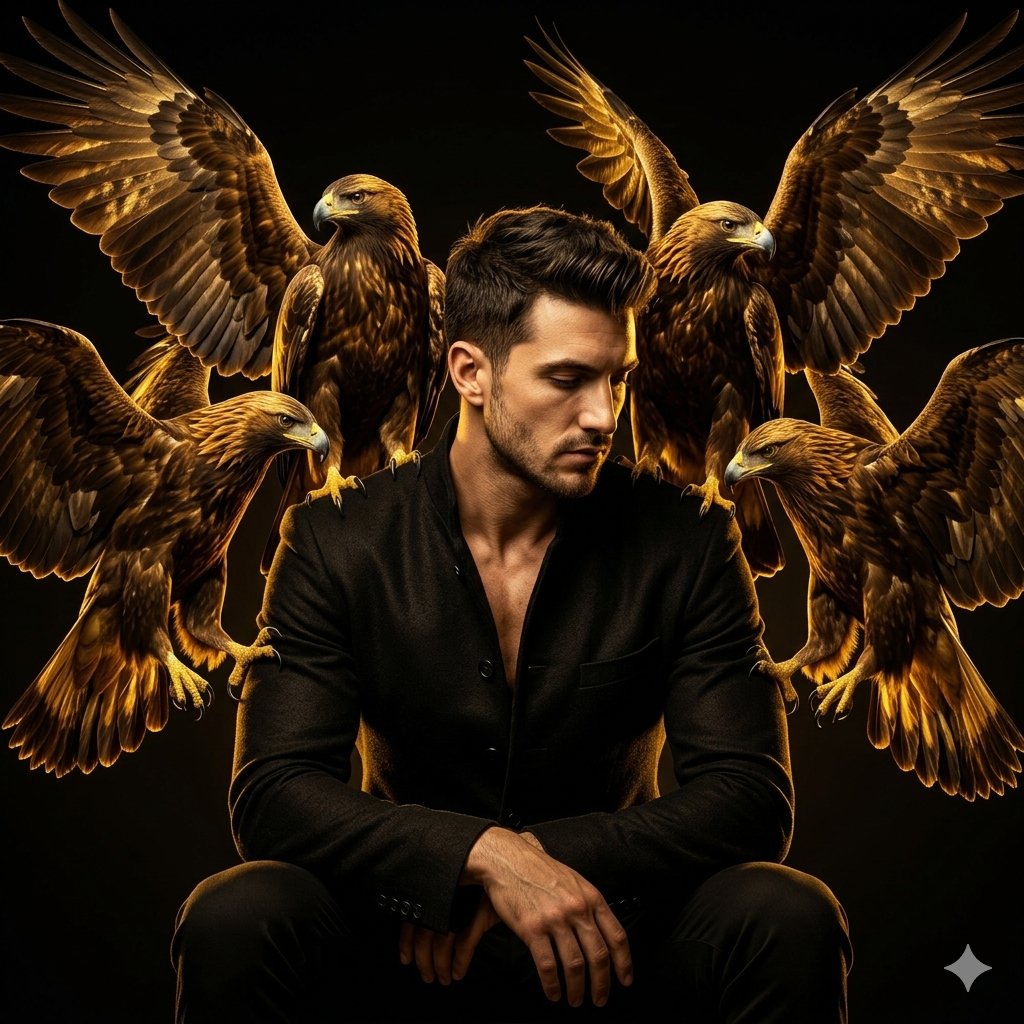 A powerful man in black jacket sits surrounded by golden eagles