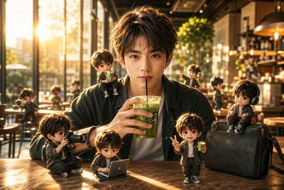 A handsome boy sits in a café surrounded by tiny chibi versions of himself.