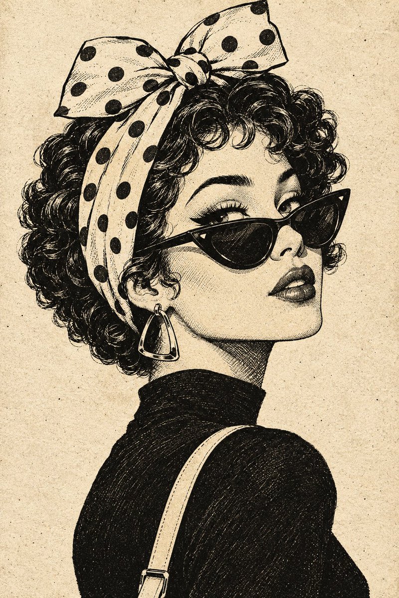 Vintage ink portrait of a confident woman in polka-dot scarf