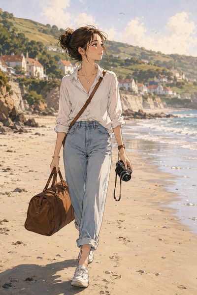 A young woman walks a sunny beach with a vintage camera