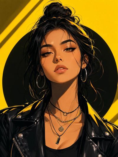 A neon yellow halo frames a woman with bold eyeliner