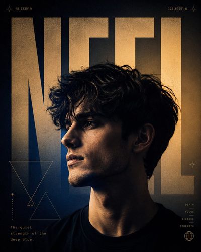 A young man with intense gaze in sapphire and amber light