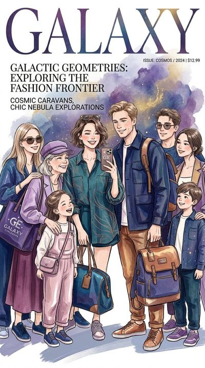 Eight stylish family members pose for a cosmic fashion magazine cover