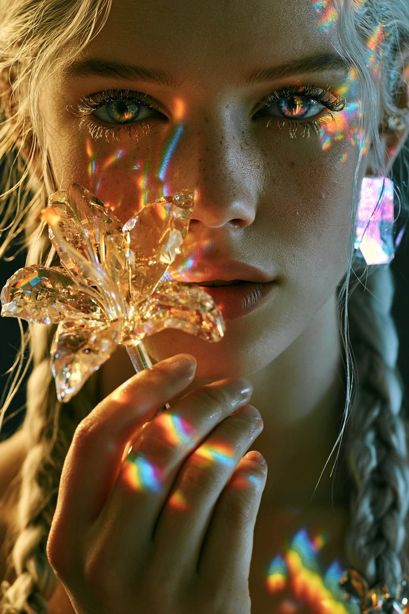 Ethereal beauty holds a glowing crystal flower near her lips
