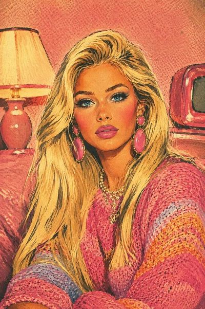 A glamorous woman poses in a retro pastel scene with vintage charm.