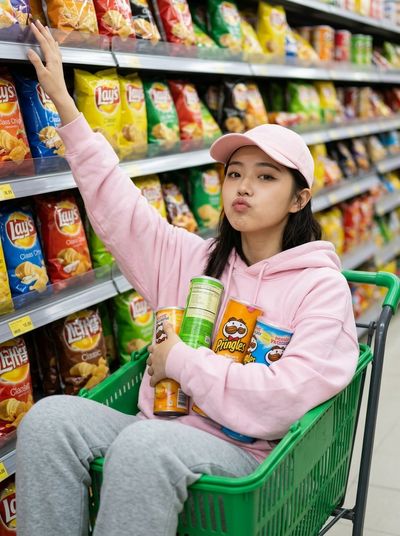 Woman in pink hoodie sits in grocery cart hugging chip cans
