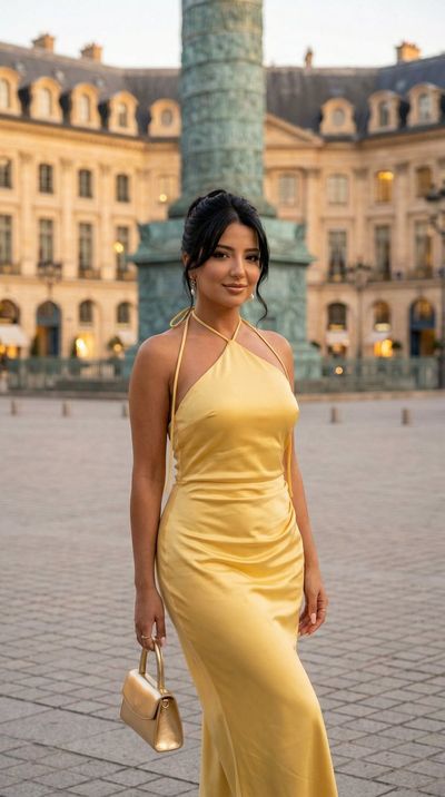 Elegant Yellow Satin Gown in Place Vendôme's Golden Hour Glow
