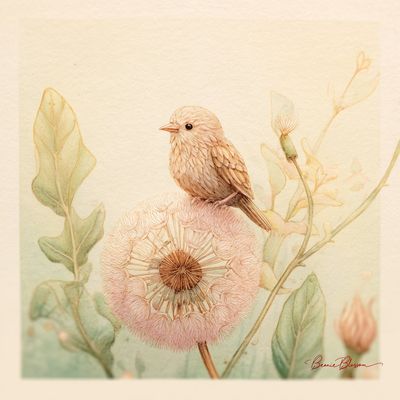 Miniature Bird on a Dandelion Crown