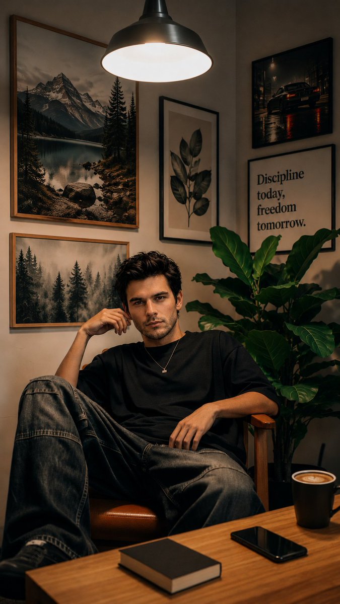A handsome young man relaxes in a leather chair under warm light.
