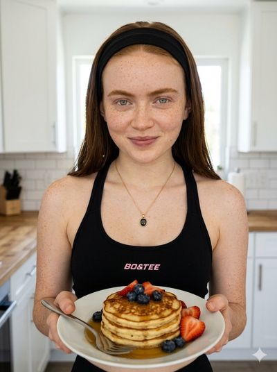 Seductive brunette in sports bra holds pancake plate in kitchen