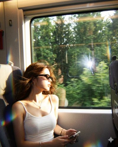 A girl sits curled by a train window in golden light