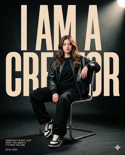 A confident woman in black leather commands attention on chrome chair.