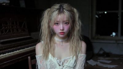 A young Korean idol sits in an abandoned music room