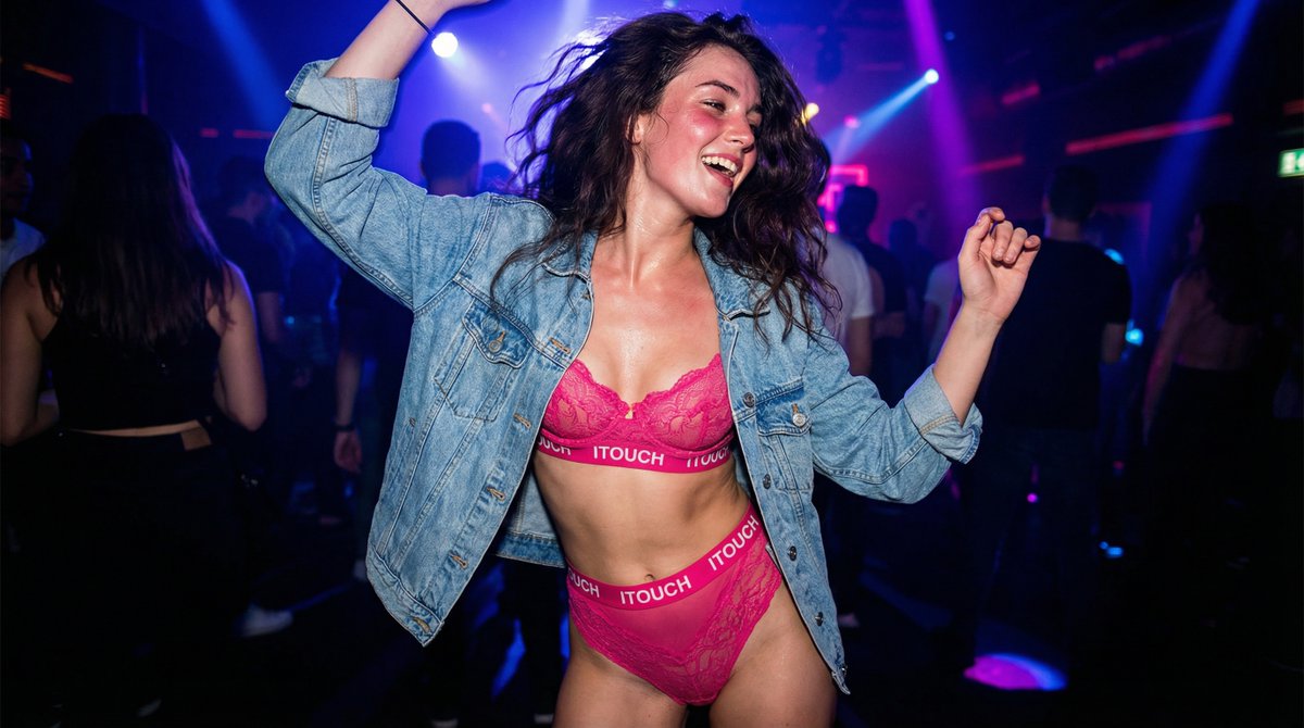 Dynamic Nightclub Elegance: Lingerie Meets Denim in Motion