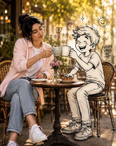 Young woman toasts coffee with a doodle friend at a sunny café