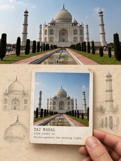 Hands Hold Vintage Polaroid Over Graphite Sketch Travel Card