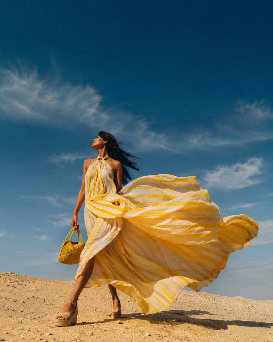 Fashion model strides confidently through wind-swept desert landscape