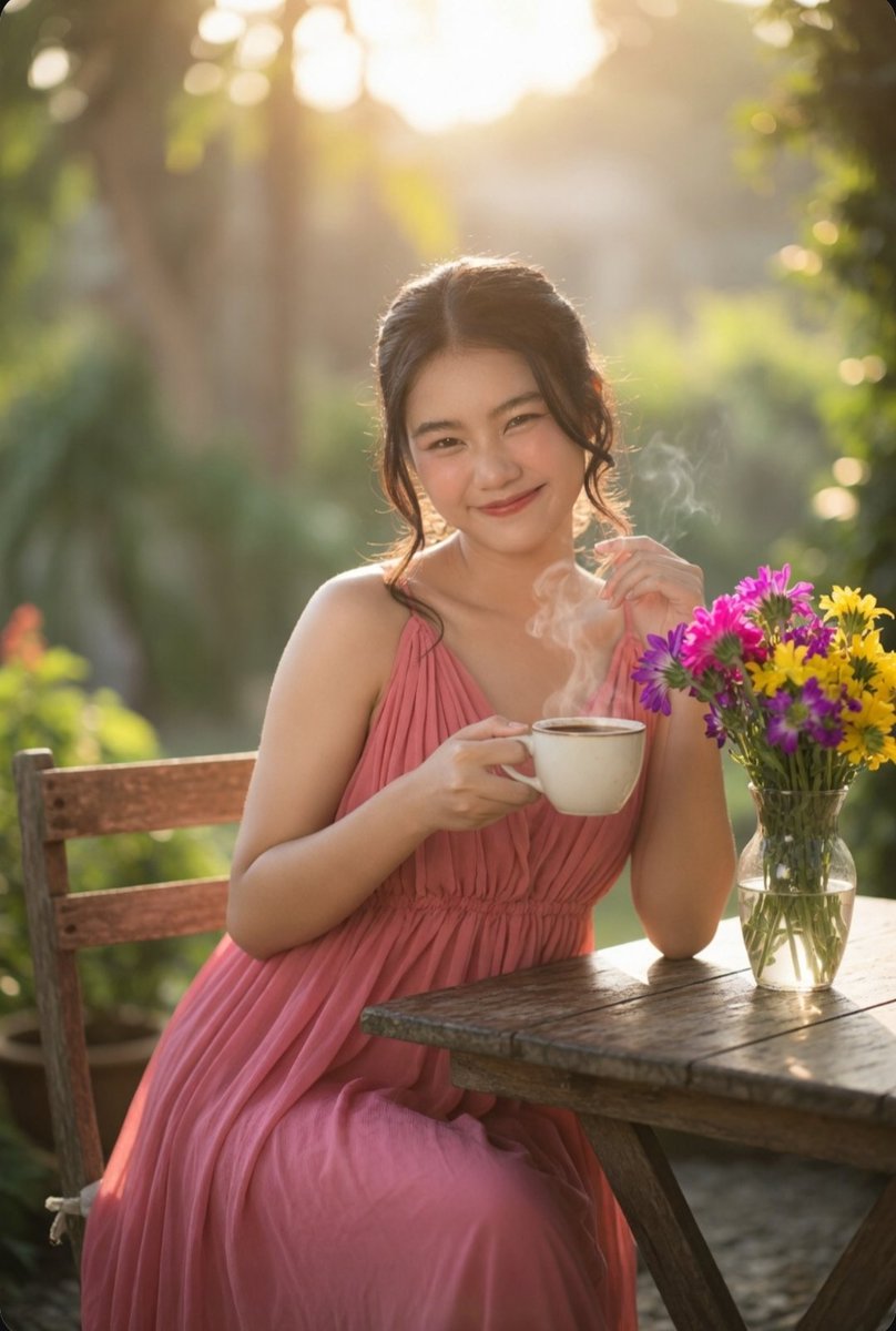 East Asian woman in pink dress enjoys golden hour park