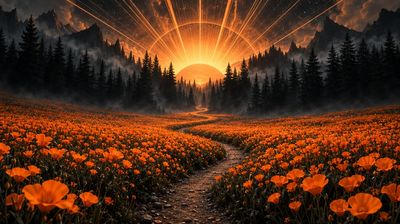 Winding orange flower path leads toward glowing horizon light