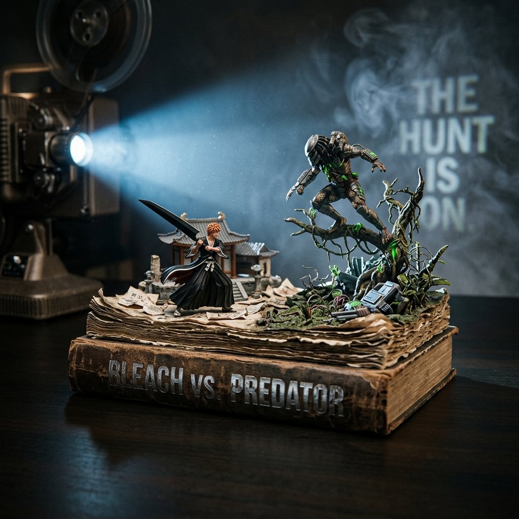 Miniature Ichigo and Predator clash on a vintage hardcover book