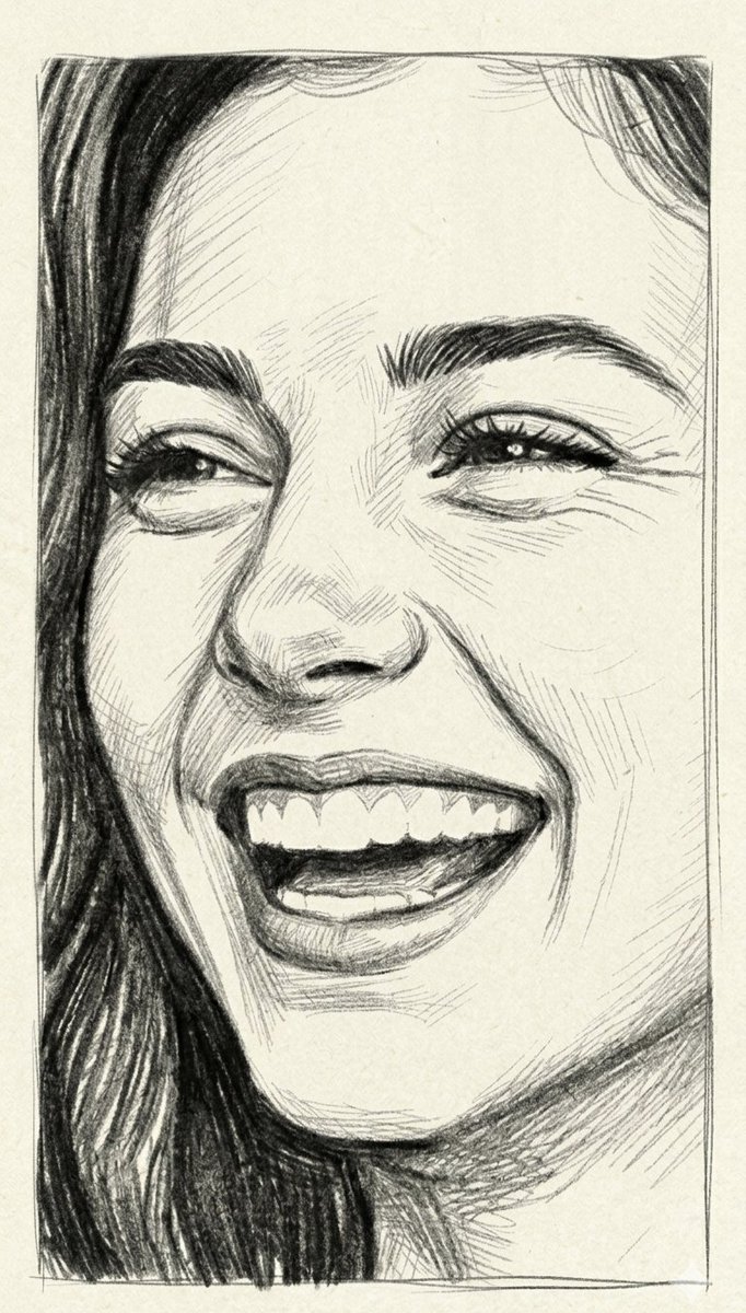 A laughing couple shares joy in detailed pencil sketch