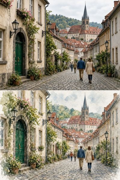 Realistic Old Town Street Transforms into Soft Watercolor Painting