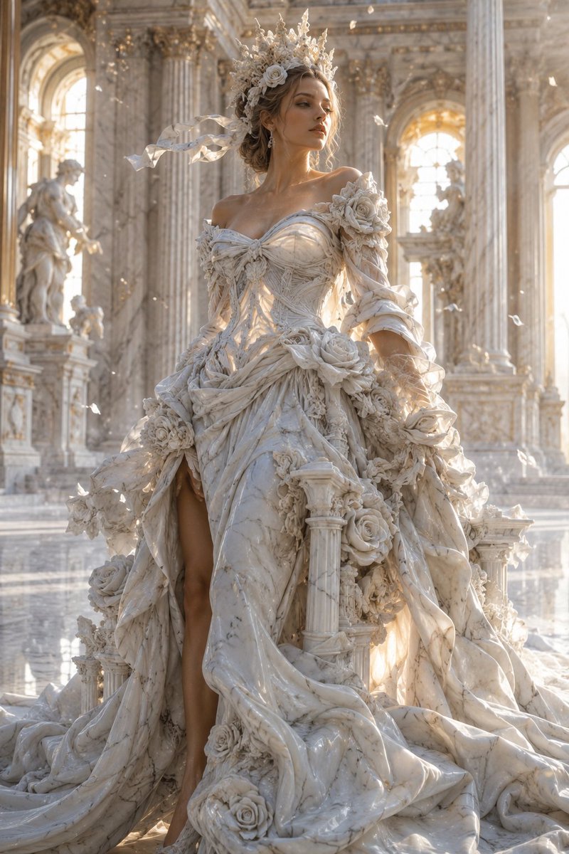 Marble gown flows like liquid stone around a regal woman