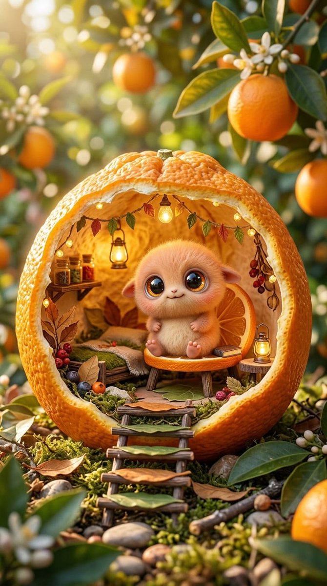 A tiny hamster lives inside a hollowed watermelon home in magical forest