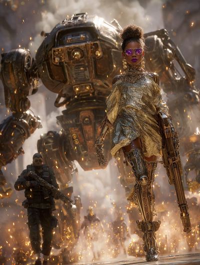 A gold-clad woman confronts a giant bronze mech in a bright workshop