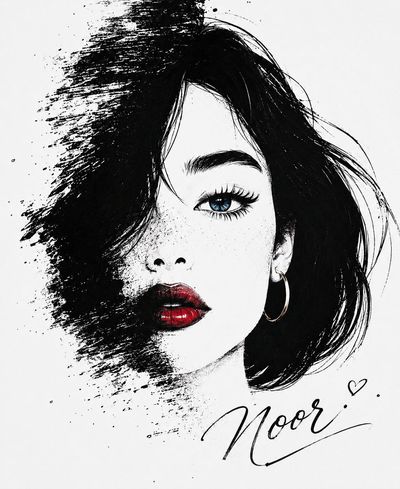 Striking monochrome portrait with icy blue eye and red lips