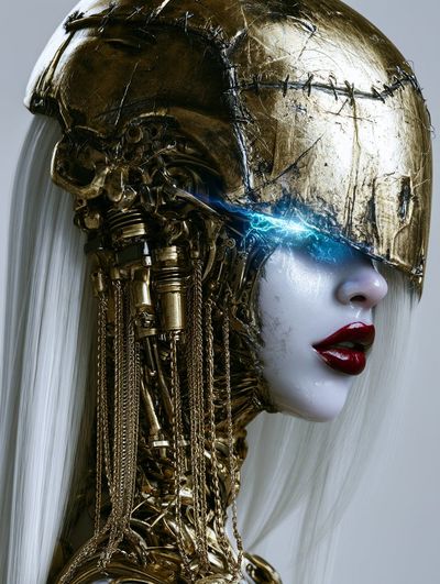 Cyborg Woman in Golden Helmet Glows with Electric Blue Eye