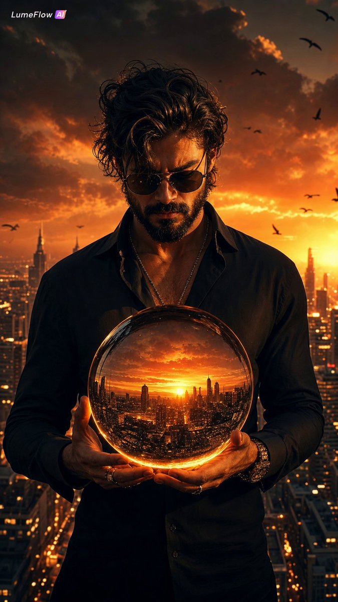 Bearded man holds a glowing city orb on a rooftop at sunset