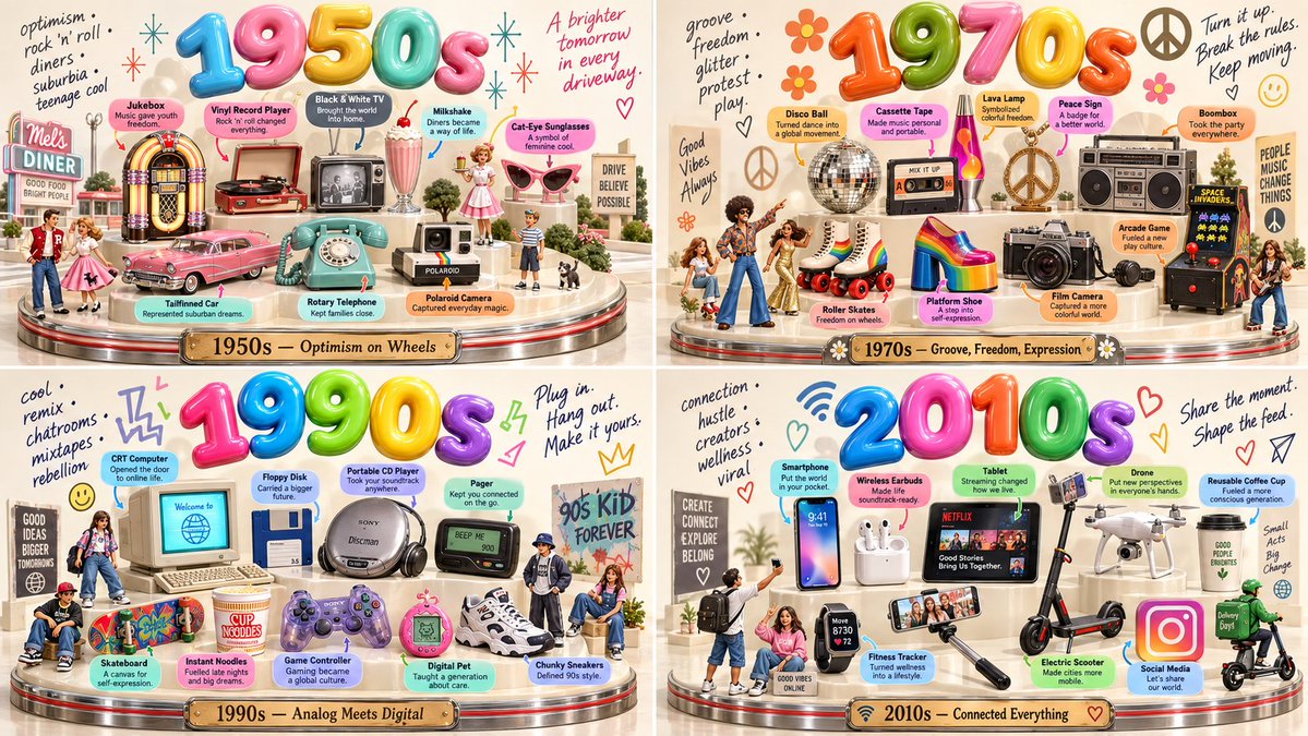 Glossy 3D Decade Diorama with Balloon Title and Callouts