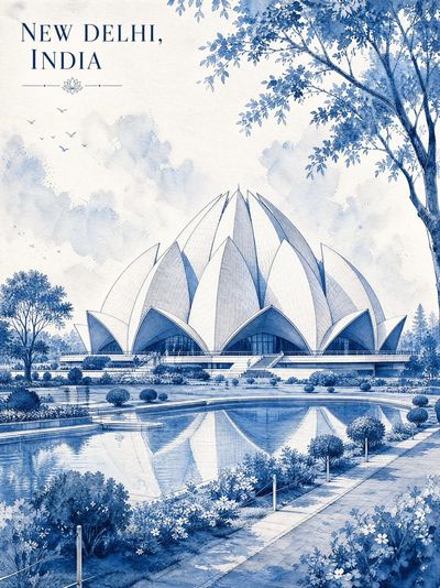 Lotus Temple rises from misty gardens in monochromatic blue watercolor