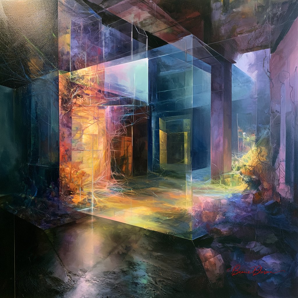 Vibrant Chromatic Bloom Interweaves Organic Forms with Rigid Structures