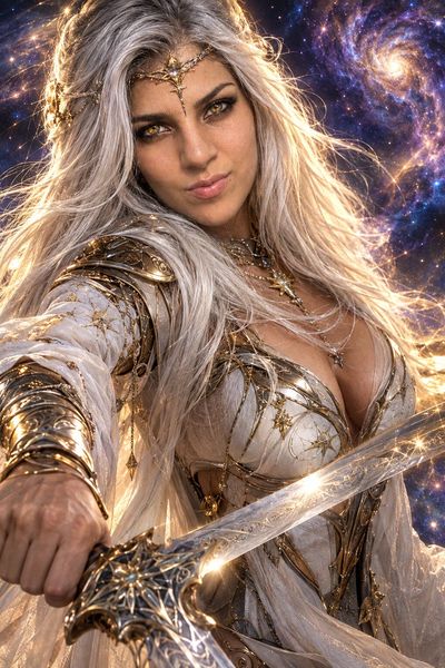 Celestial Warrior Woman with Platinum Hair Holds Glowing Silver Sword