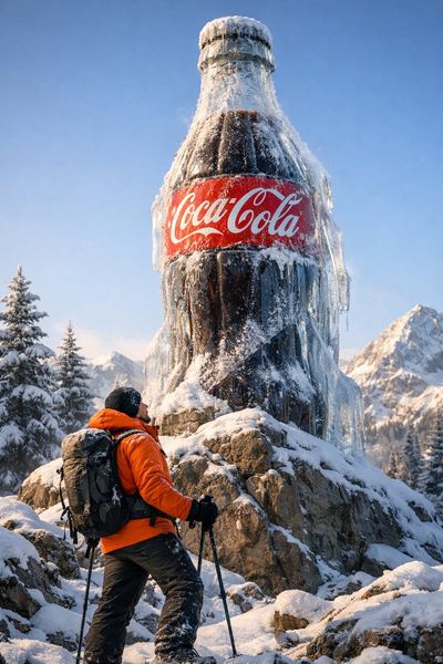 Monumental Bottle Amid Alpine Frost and Snow