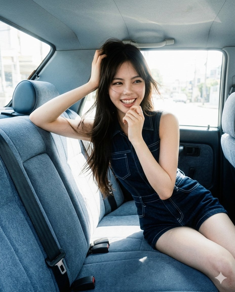 A woman laughs playfully in a sunlit vintage car backseat