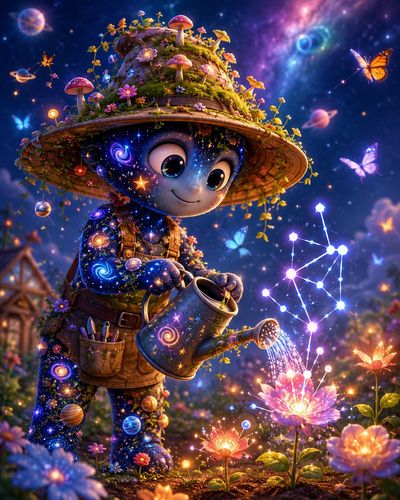 A cosmic gardener waters flowers that bloom into constellations