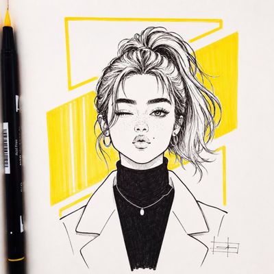Playful wink and puckered lips in black ink sketch