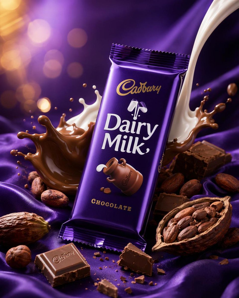 A glossy Cadbury Dairy Milk bar rests on purple silk
