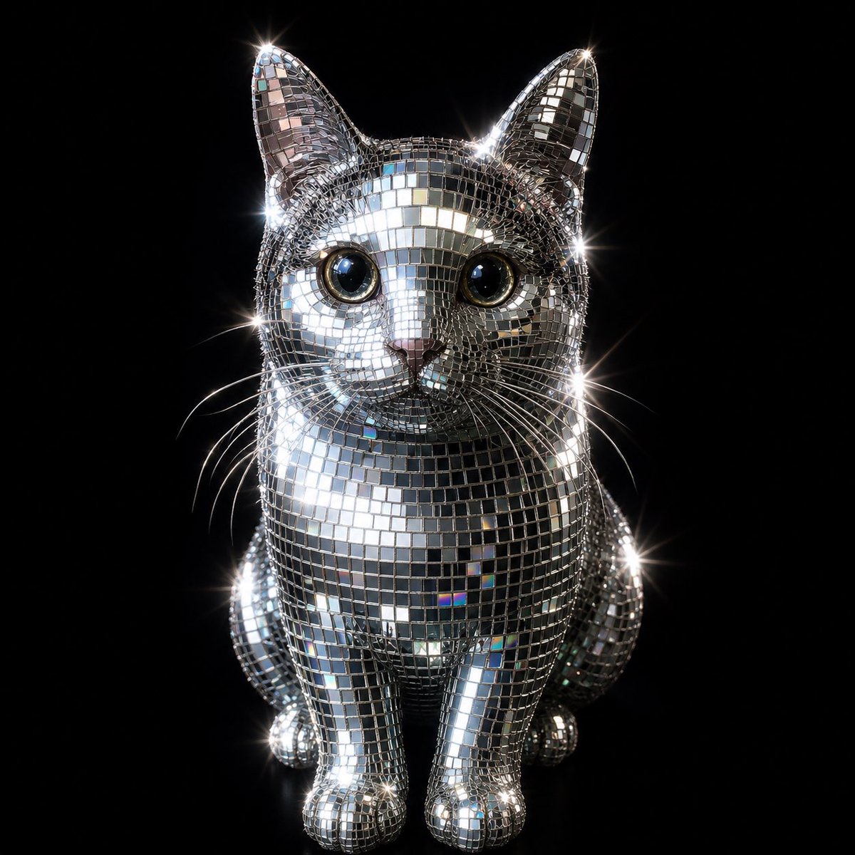 A mirrored disco ball sculpture gleams under dramatic studio lights