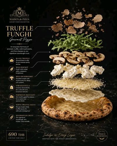 Deconstructed truffle pizza floats vertically over dark marble backdrop