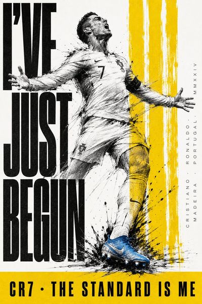 Ink illustration of Ronaldo with photorealistic boot explosion